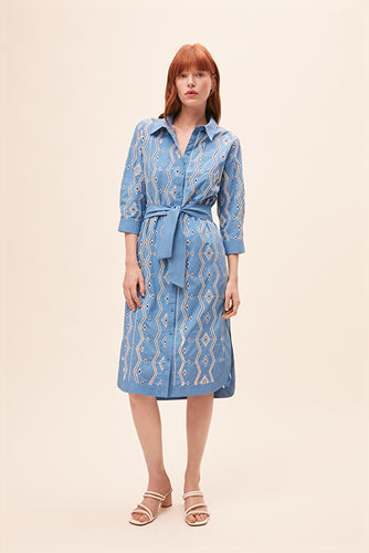 Sunoco Clea Embroidered Midi Shirt Dress - Blue