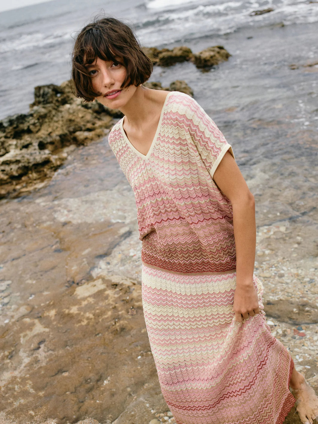 Mos Mosh - Shani Zig Zag V-neck Knit Powder Pink