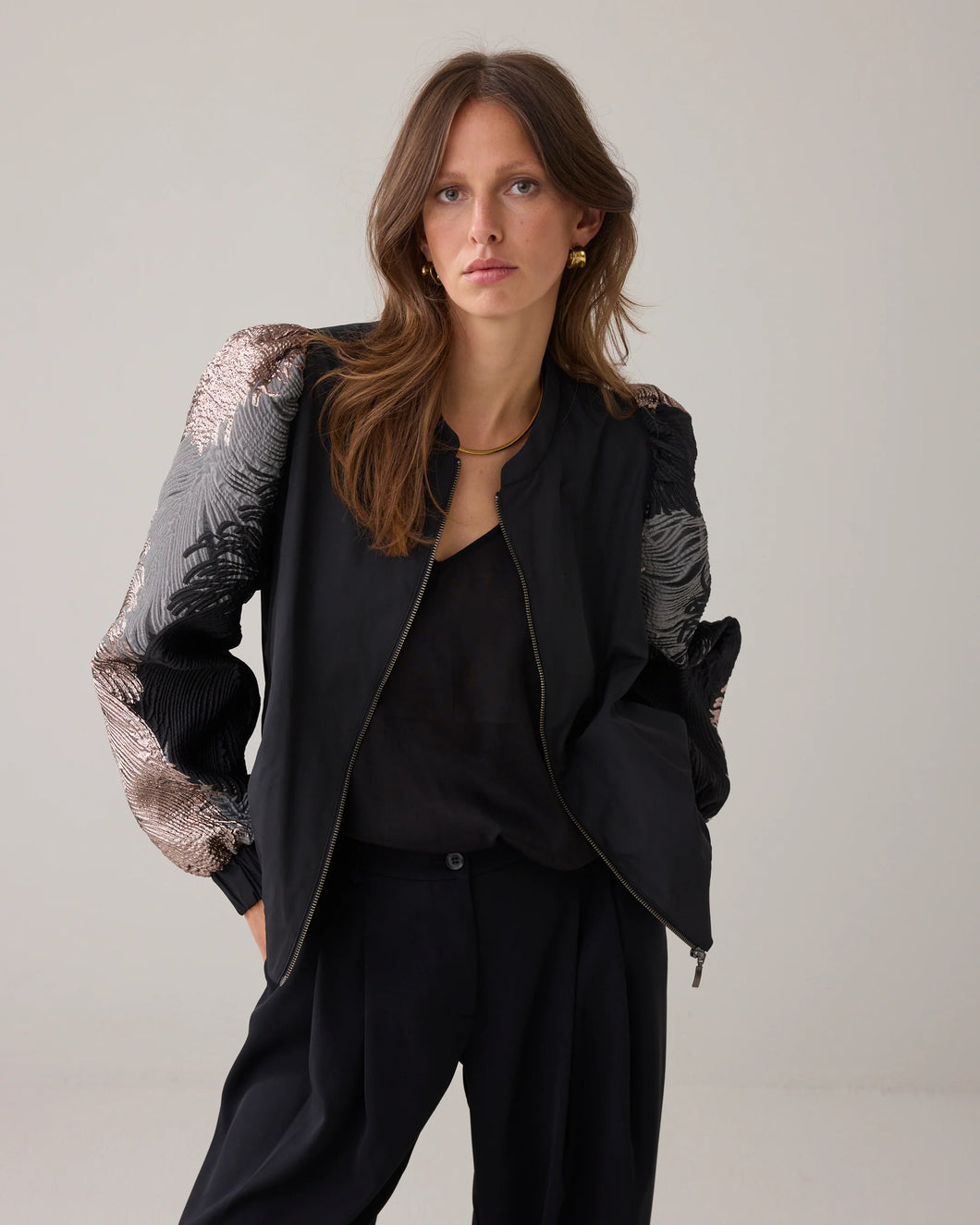 Summum Woman Bomber Jacket - Leaves Jacquard