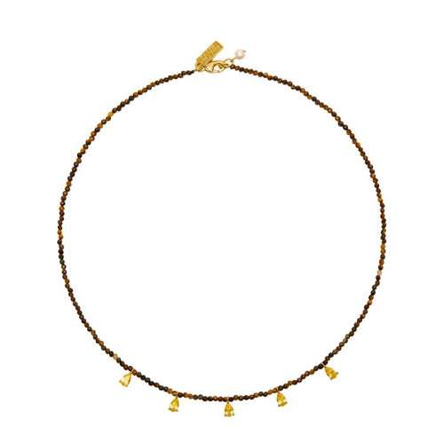 Talis Chains Beaded Necklace with CZ Drops - Tiger's Eye/Yellow
