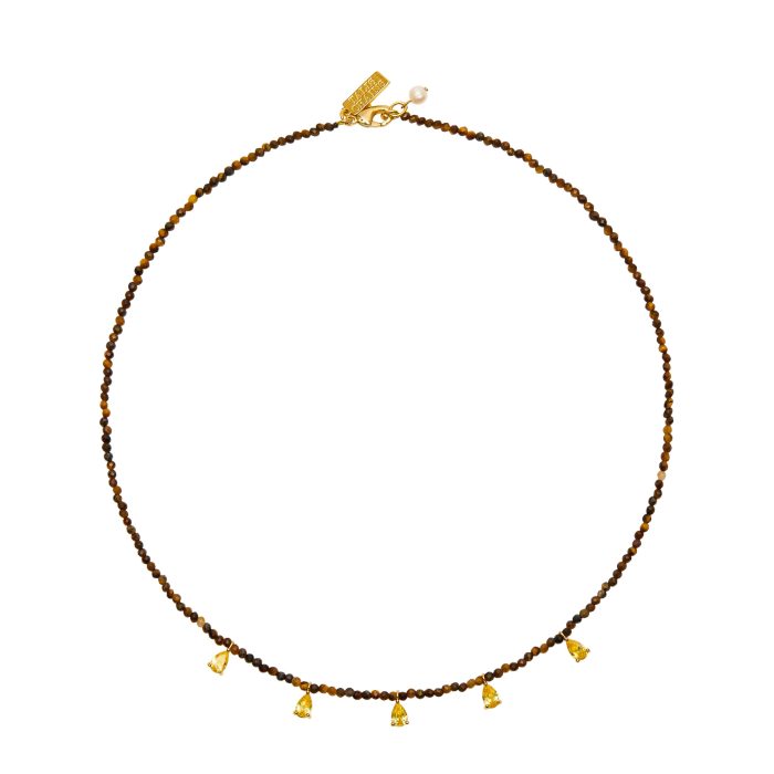Talis Chains Beaded Necklace with CZ Drops - Tiger's Eye/Yellow