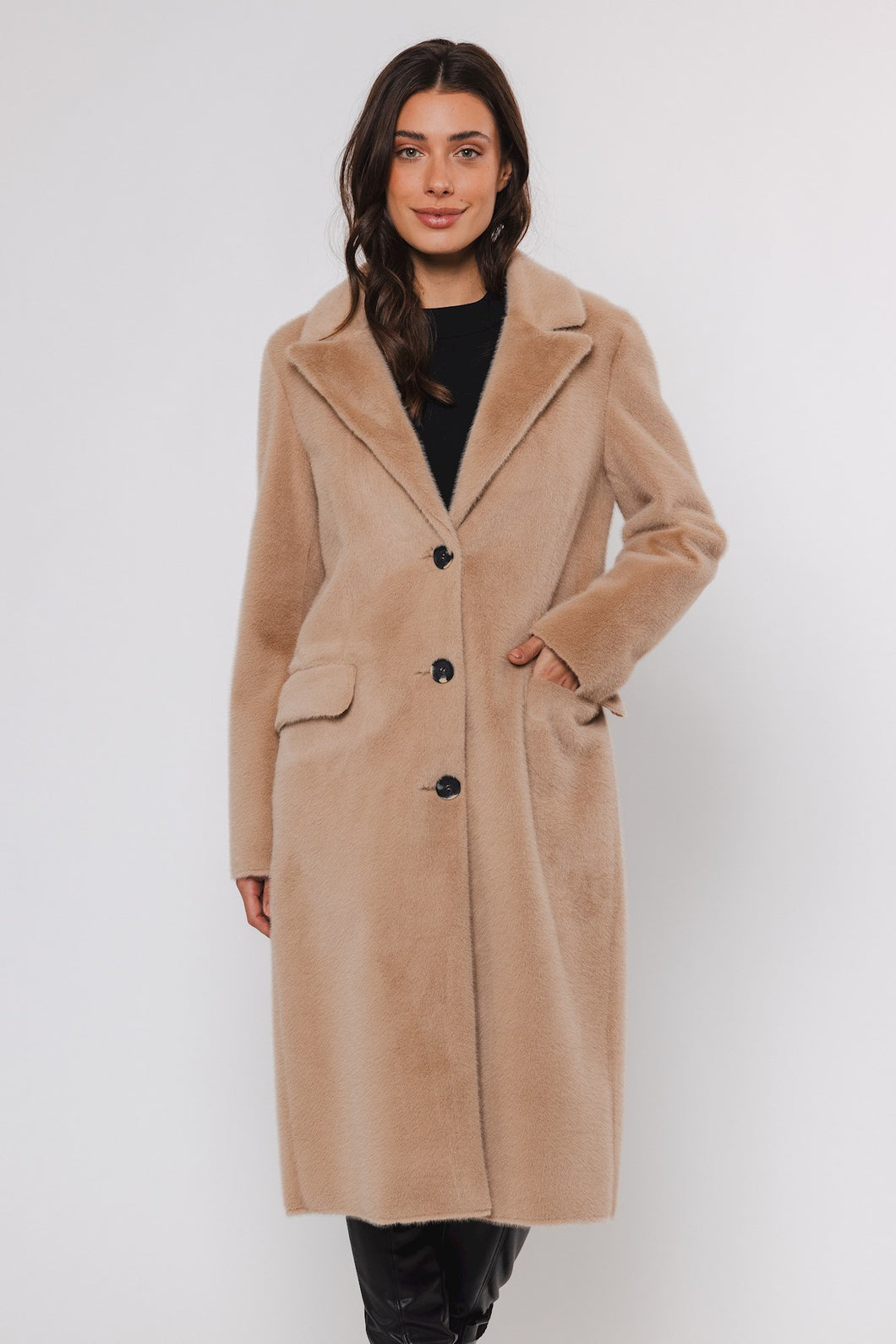 Rino & Pelle Saami Faux Fur Long Single Breasted Coat - Sand