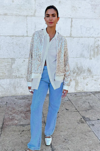 Never Fully Dressed Silver Sequin Bomber Jacket - Silver