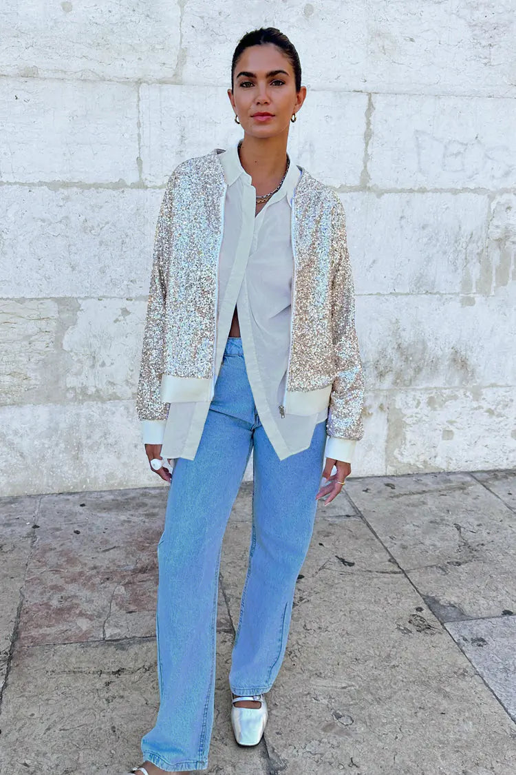 Never Fully Dressed Silver Sequin Bomber Jacket - Silver