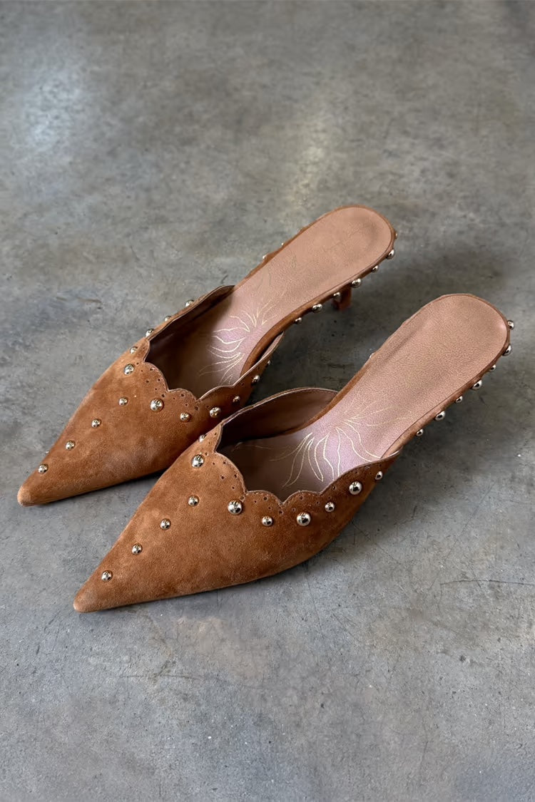Never Fully Dressed Suede Scallop City Mules - Brown