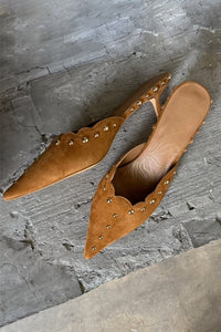 Never Fully Dressed Suede Scallop City Mules - Brown