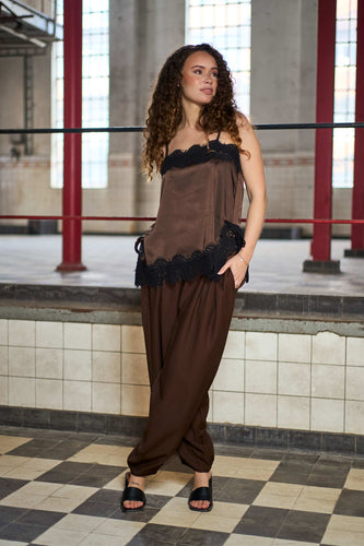 Black Colour Evie Lace Strap Top - Coffee